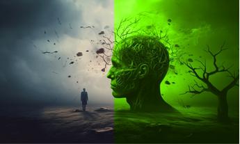 Sol tarafı karanlık ve fırtınalı, sağ tarafı ise canlı yeşil tonlarda bir ağaç formuna dönüşen insan başı silüeti; duygusal zekâ, içsel denge ve ilişkisel gelişimi simgeleyen görsel.