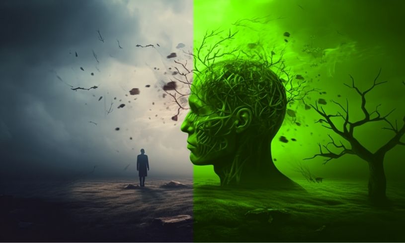 Sol tarafı karanlık ve fırtınalı, sağ tarafı ise canlı yeşil tonlarda bir ağaç formuna dönüşen insan başı silüeti; duygusal zekâ, içsel denge ve ilişkisel gelişimi simgeleyen görsel.