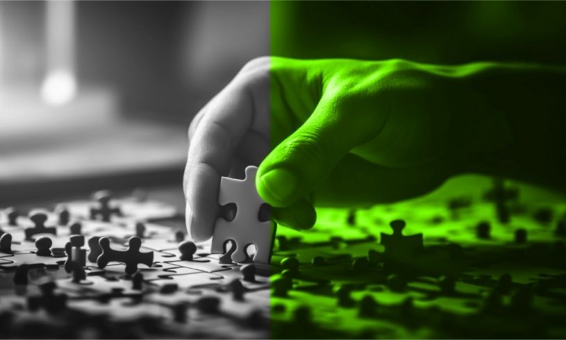 Yeşil tonlarda bir zemin üzerinde birleşen yapboz parçaları; parçadan bütüne ulaşmayı, stratejik çözüm yollarını ve kararlılıkla tamamlanan problem çözme sürecini simgeleyen görsel.