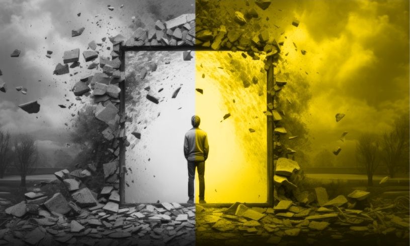 Parçalanan bir duvarın önünde duran ve sarı bir ışığa/boşluğa bakan adam figürü, Transaksiyonel Analiz derinleşme ve değişim sürecini temsil eden görsel.