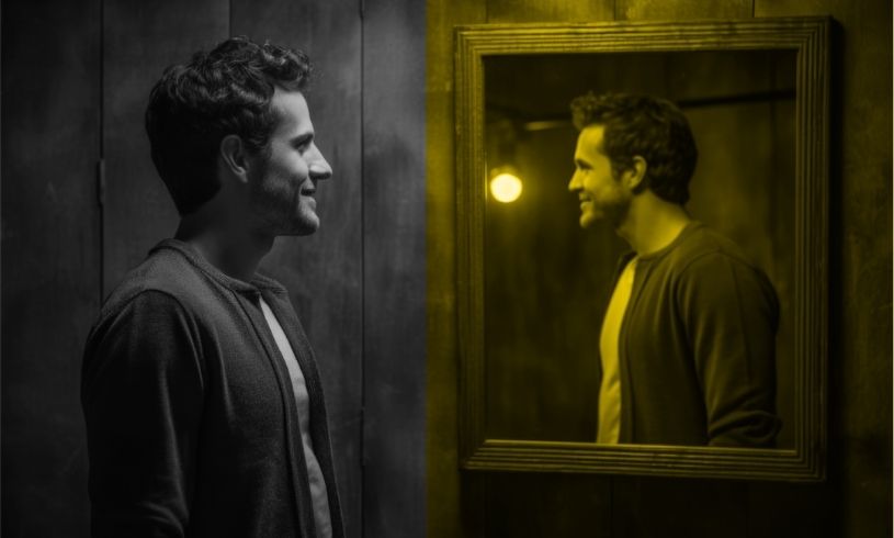 Bir adamın aynadaki yansımasına baktığı, siyah-beyaz ve sarı renk tonlarıyla ayrılmış, Transaksiyonel Analiz ego durumlarını ve öz farkındalığı simgeleyen görsel.