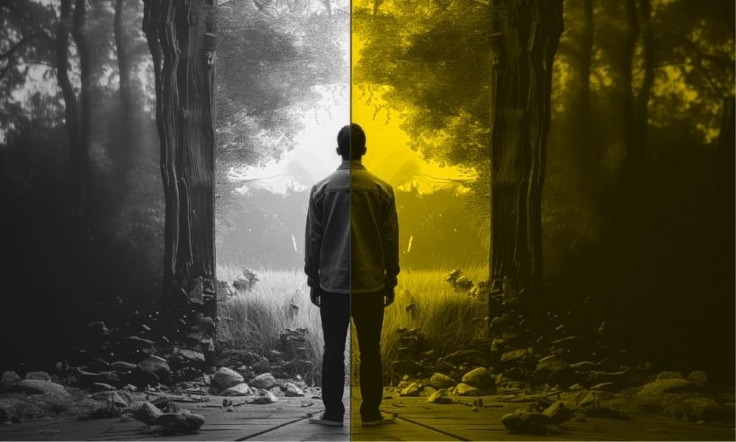 İkiye bölünmüş siyah-beyaz ve sarı renkli orman manzarasında duran adam figürü, Transaksiyonel Analiz ego durumlarını temsil eden illüstrasyon.