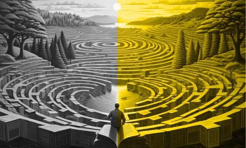 Geniş bir labirentin önünde oturan ve güneşin doğuşuna bakan bir insan figürü; karmaşık yönetim süreçlerinde Transaksiyonel Analiz ile yol bulmayı ve liderlik vizyonunu simgeleyen sarı-gri illüstrasyon.