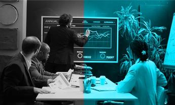 Satış grafiklerini inceleyen bir yönetici ve arkasında dinamik, motive olmuş satış ekibi; hedef odaklılığı, rekor performansı ve ekip başarısını simgeleyen görsel.