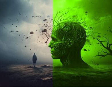 Sol tarafı karanlık ve fırtınalı, sağ tarafı ise canlı yeşil tonlarda bir ağaç formuna dönüşen insan başı silüeti; duygusal zekâ, içsel denge ve ilişkisel gelişimi simgeleyen görsel.