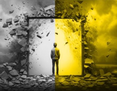 Parçalanan bir duvarın önünde duran ve sarı bir ışığa/boşluğa bakan adam figürü, Transaksiyonel Analiz derinleşme ve değişim sürecini temsil eden görsel.