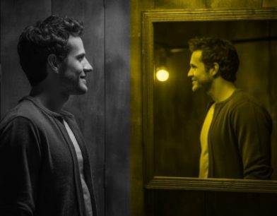 Bir adamın aynadaki yansımasına baktığı, siyah-beyaz ve sarı renk tonlarıyla ayrılmış, Transaksiyonel Analiz ego durumlarını ve öz farkındalığı simgeleyen görsel.